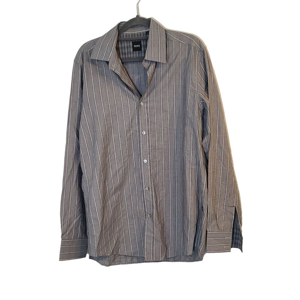 BOSS Hugo Boss Long Sleeve Button Up Dress Shirt Gray Stripe Pattern Size Medium